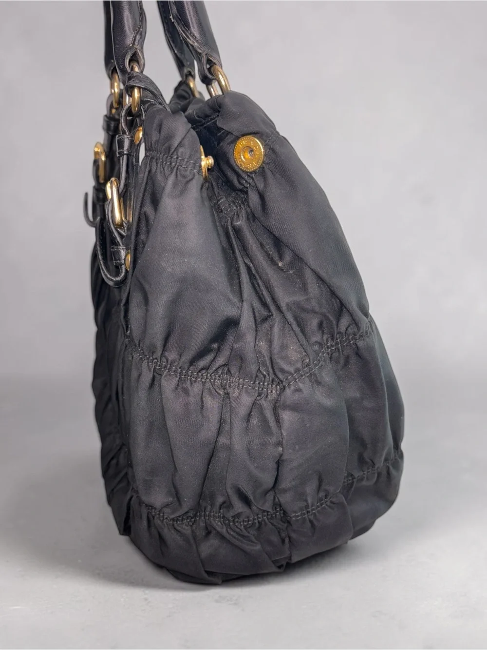 Prada Black Gathered Nylon Tote with Gold Hardware and Matching Wallet
